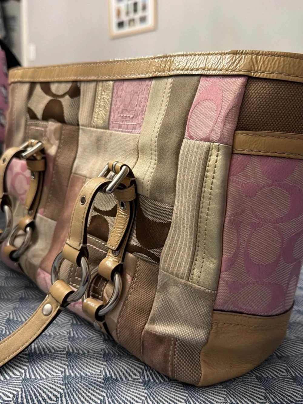 Coach Pink and Brown Patchwork Leather-Trim Tote